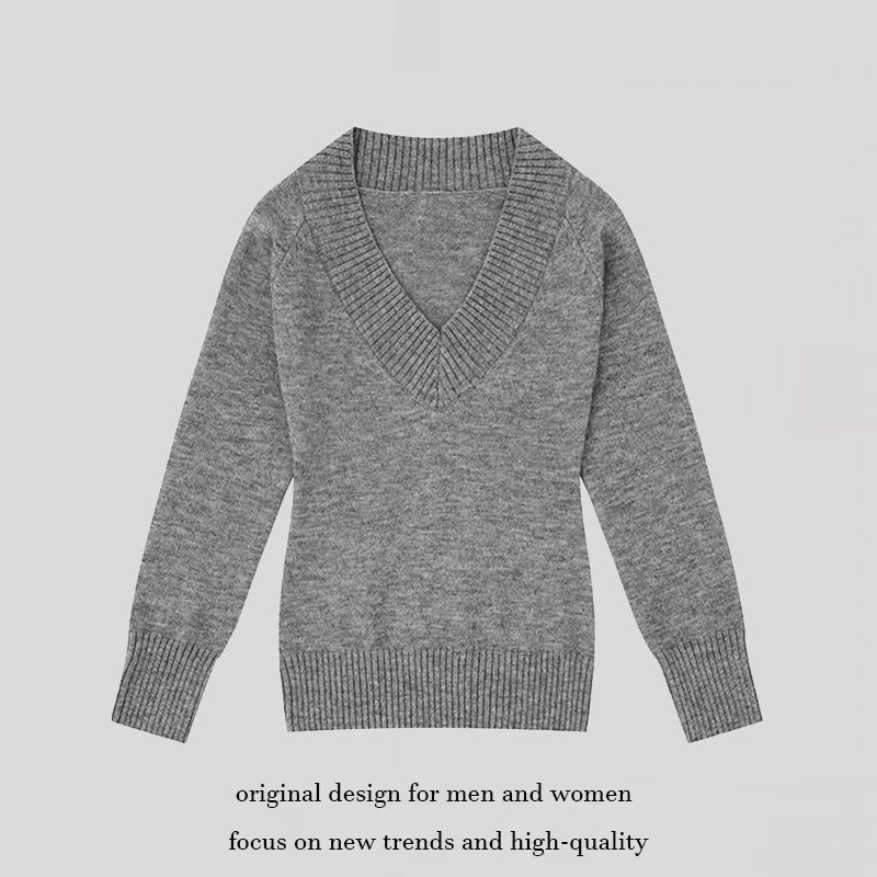 Damen Feinstrickpullover mit tiefem V-Ausschnitt, breitem Ripprand und legerer Passform Shop Nory
