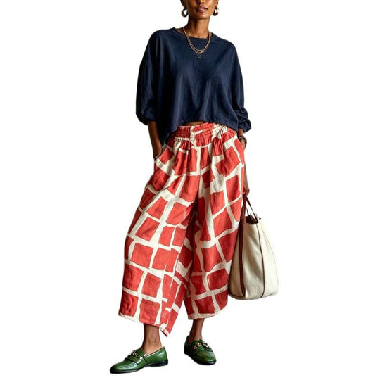 Damen Gemusterte Culotte-Palazzohose mit weitem Bein, elastischem Bund und Eingrifftaschen Shop Nory