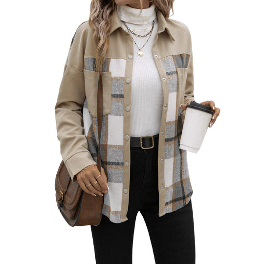 Damen Oversized Hemdjacke mit kariertem Frontpanel, Druckknopfverschluss und aufgesetzten Brusttaschen Shop Nory