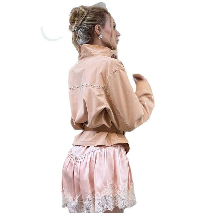 Damen Satin-Spitzen-Minirock mit luxuriösem Glanz und zarter Spitzenborte Shop Nory