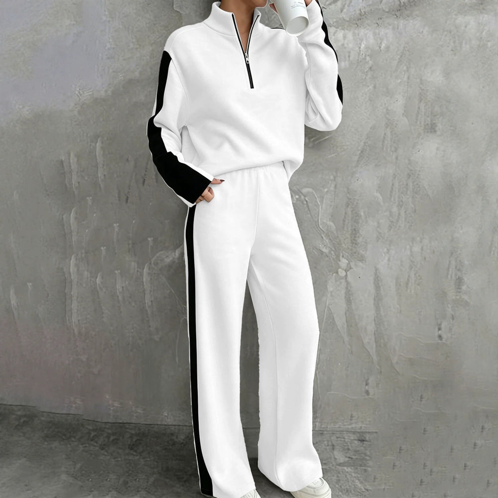 Damen Zweiteiliges Lounge‑Set mit Halbreißverschluss, Kontraststreifen und weitem Palazzo‑Schnitt Shop Nory