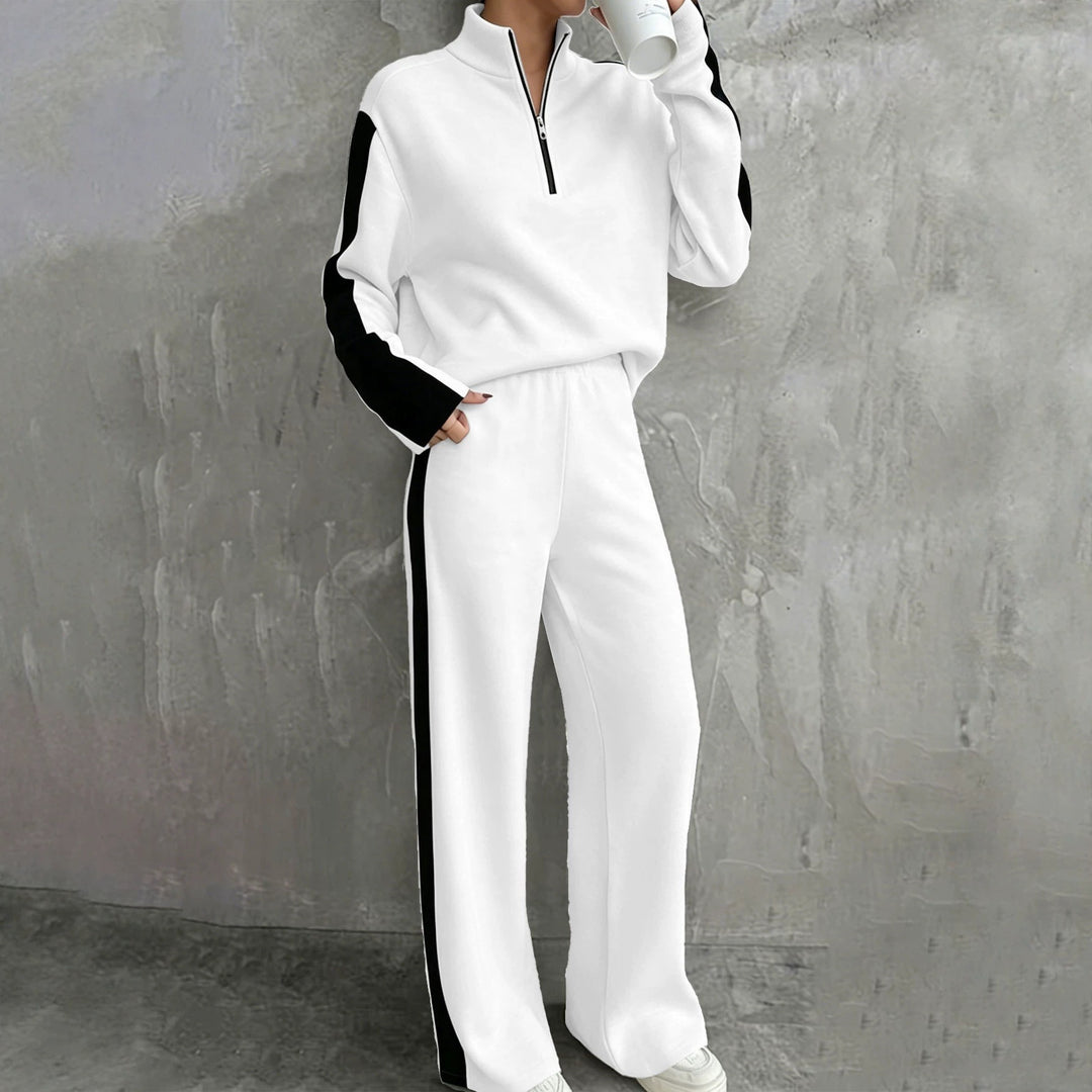 Damen Zweiteiliges Lounge‑Set mit Halbreißverschluss, Kontraststreifen und weitem Palazzo‑Schnitt Shop Nory