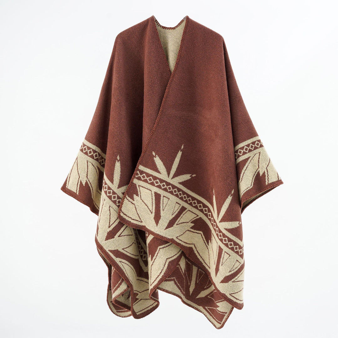 Damen Grobgewebter Umhangponcho aus Wollmix mit V-Ausschnitt und Ornamentjacquard Shop Nory