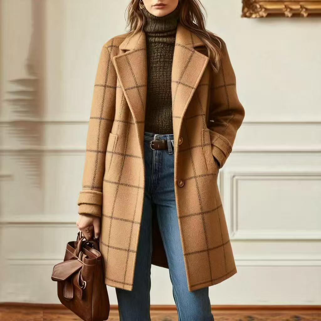 Damen nan karierter Wollmix Mantel mit Reverskragen, aufgesetzten Taschen und taillierter Silhouette Shop Nory
