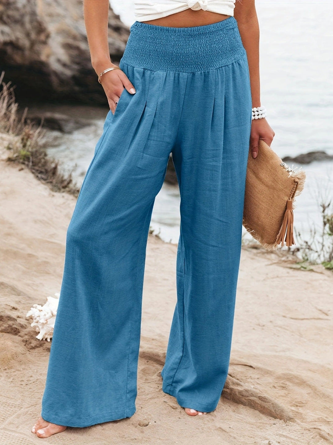 Damen weite Leinenhose mit elastischem Bund