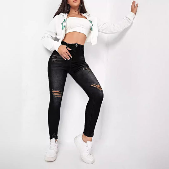 Damen hochtaillierte Sculpting-Skinny-Jeans mit gezielten Rissen und taillierendem Komfortbund Shop Nory