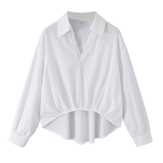Damen Oversize-Bluse mit tiefem V-Ausschnitt, Hemdkragen und gerafftem Frontsaum Shop Nory