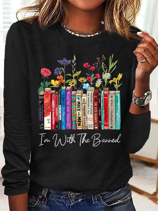 Damen Langarmshirt mit Bücher- und Blumenmotiv