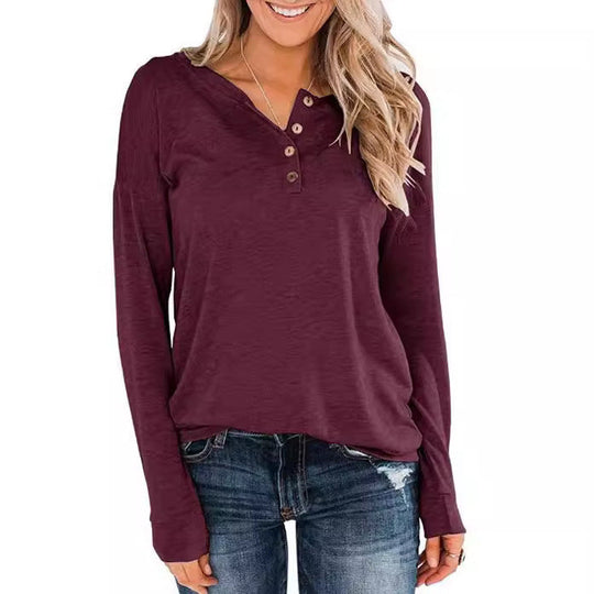 Damen modisches Langarm-Henley-Shirt mit Knopfleiste