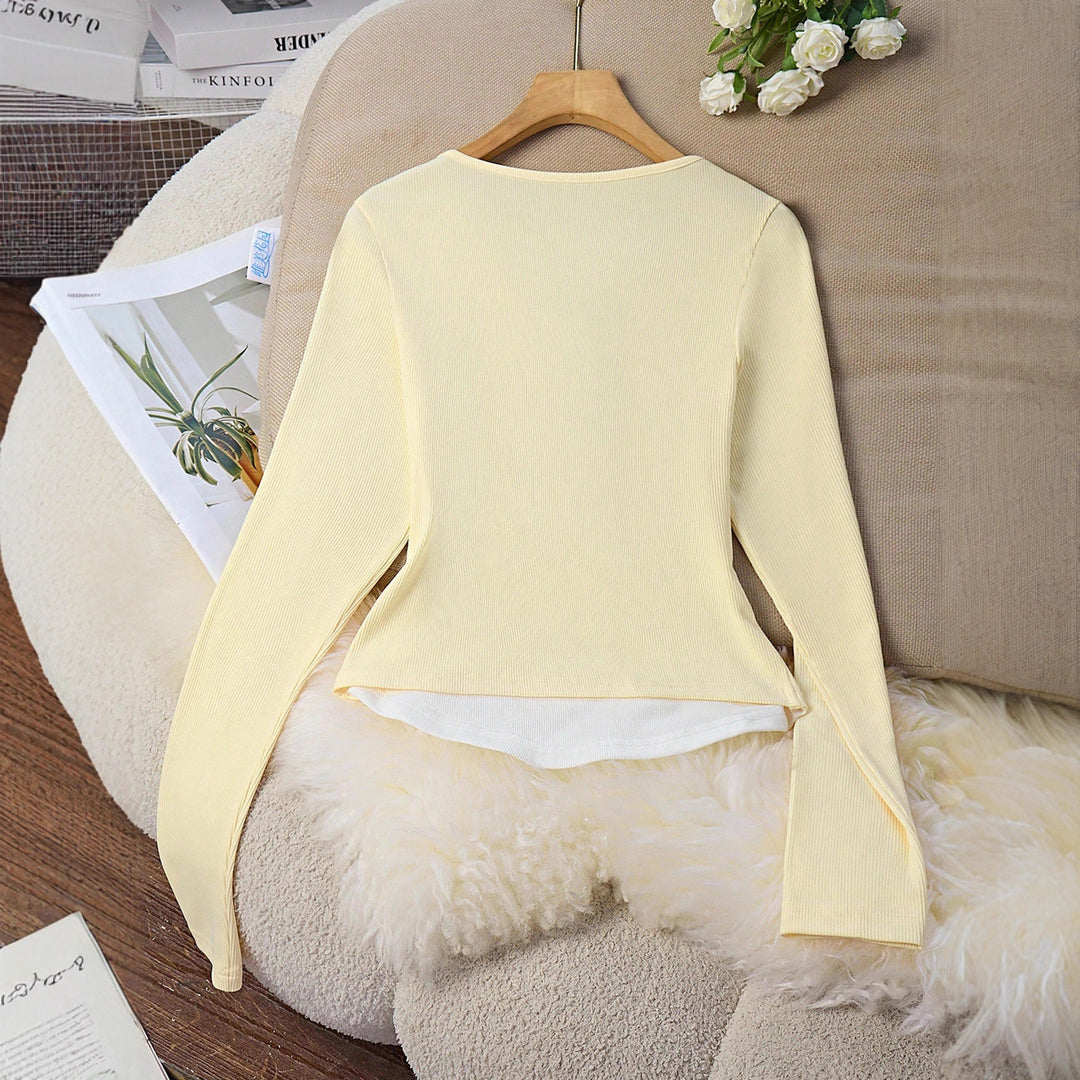 Damen Geripptes Cropped-Henley-Longsleeve mit Druckknopfleiste Shop Nory