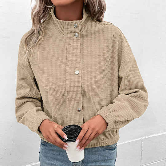 Damen Kurz geschnittene Waffelstruktur-Jacke mit Stehkragen und Reißverschluss Shop Nory