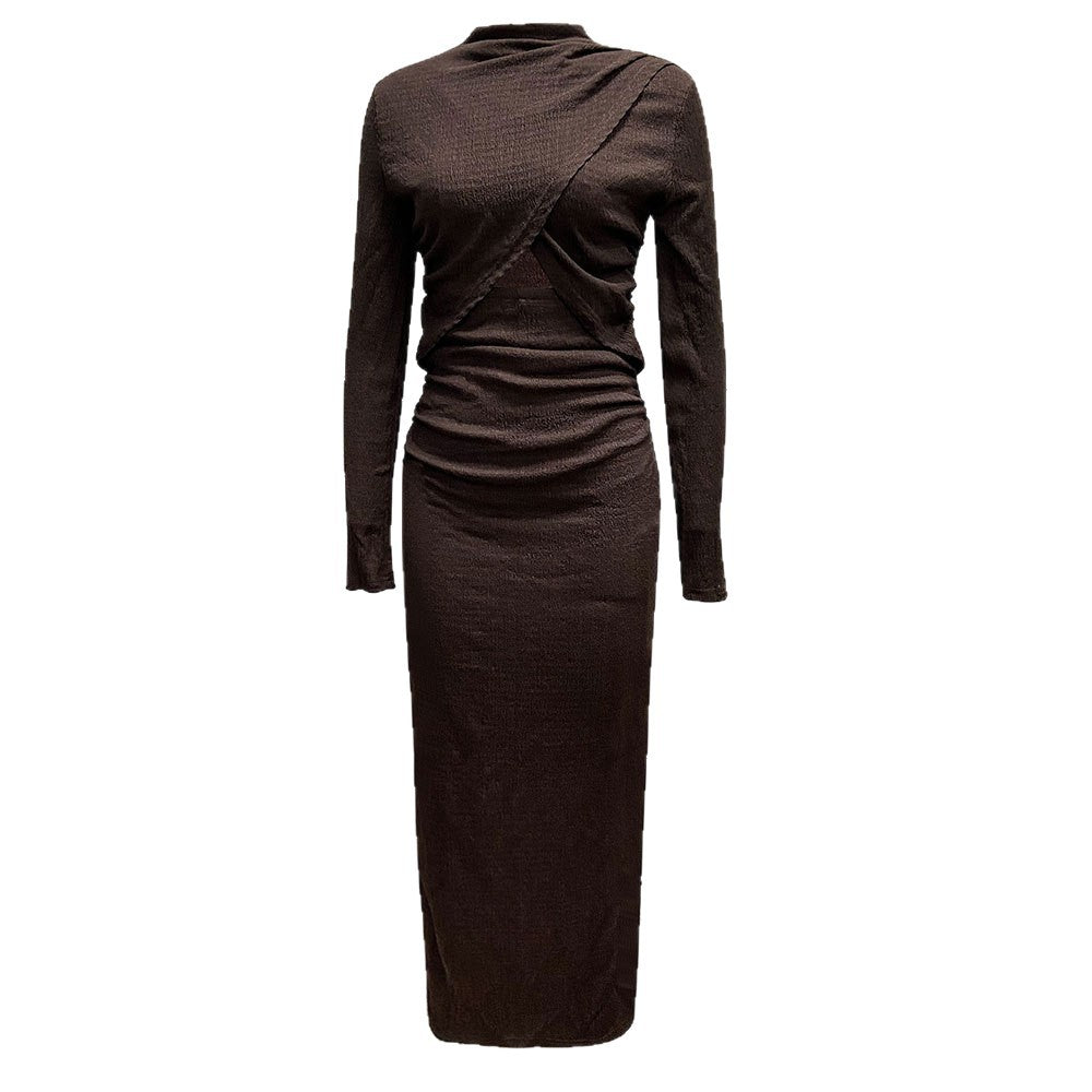 Damen geripptes Maxikleid mit gedrehtem Vorderteil Cut-Out taillierter Raffung und hohem Seitenschlitz Shop Nory
