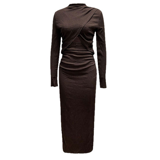 Damen geripptes Maxikleid mit gedrehtem Vorderteil Cut-Out taillierter Raffung und hohem Seitenschlitz Shop Nory