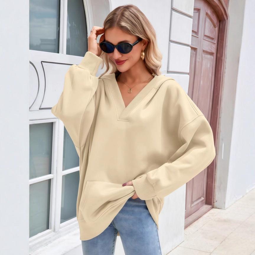 Damen Oversize V-Ausschnitt Hoodie mit Kapuze, Kängurutasche und verlängertem Saum Shop Nory