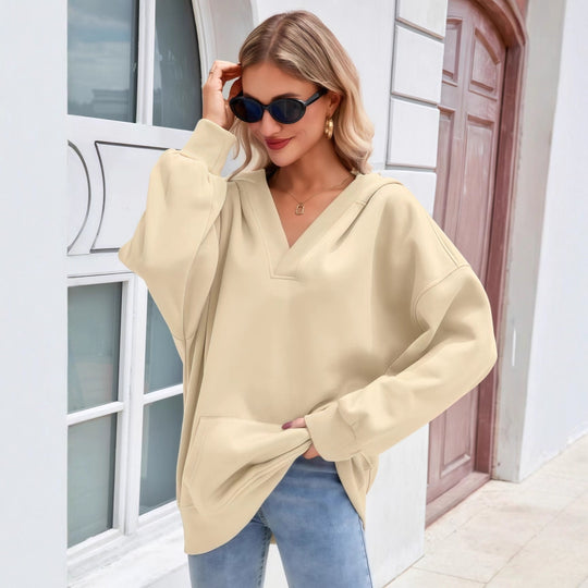 Damen Oversize V-Ausschnitt Hoodie mit Kapuze, Kängurutasche und verlängertem Saum Shop Nory