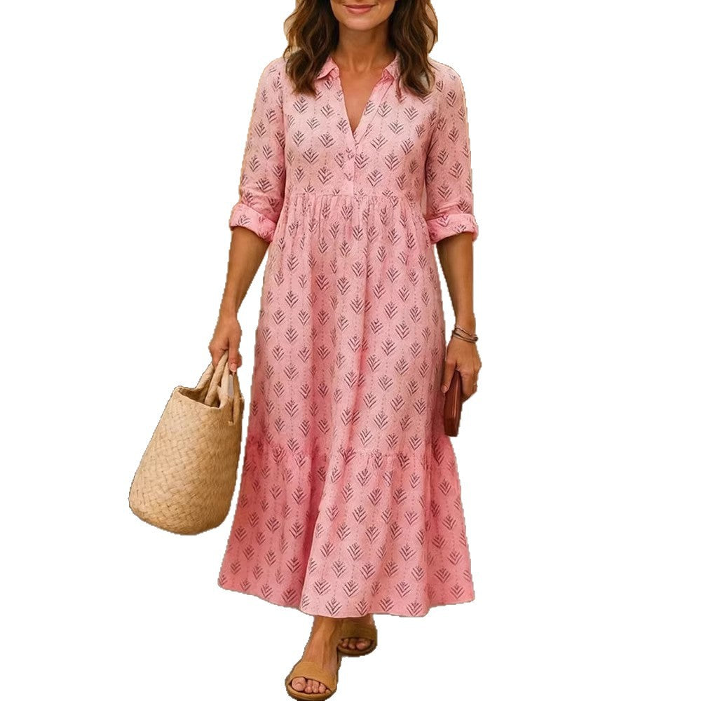 Damen Maxikleid mit elegantem Kragen und floralen Mustern