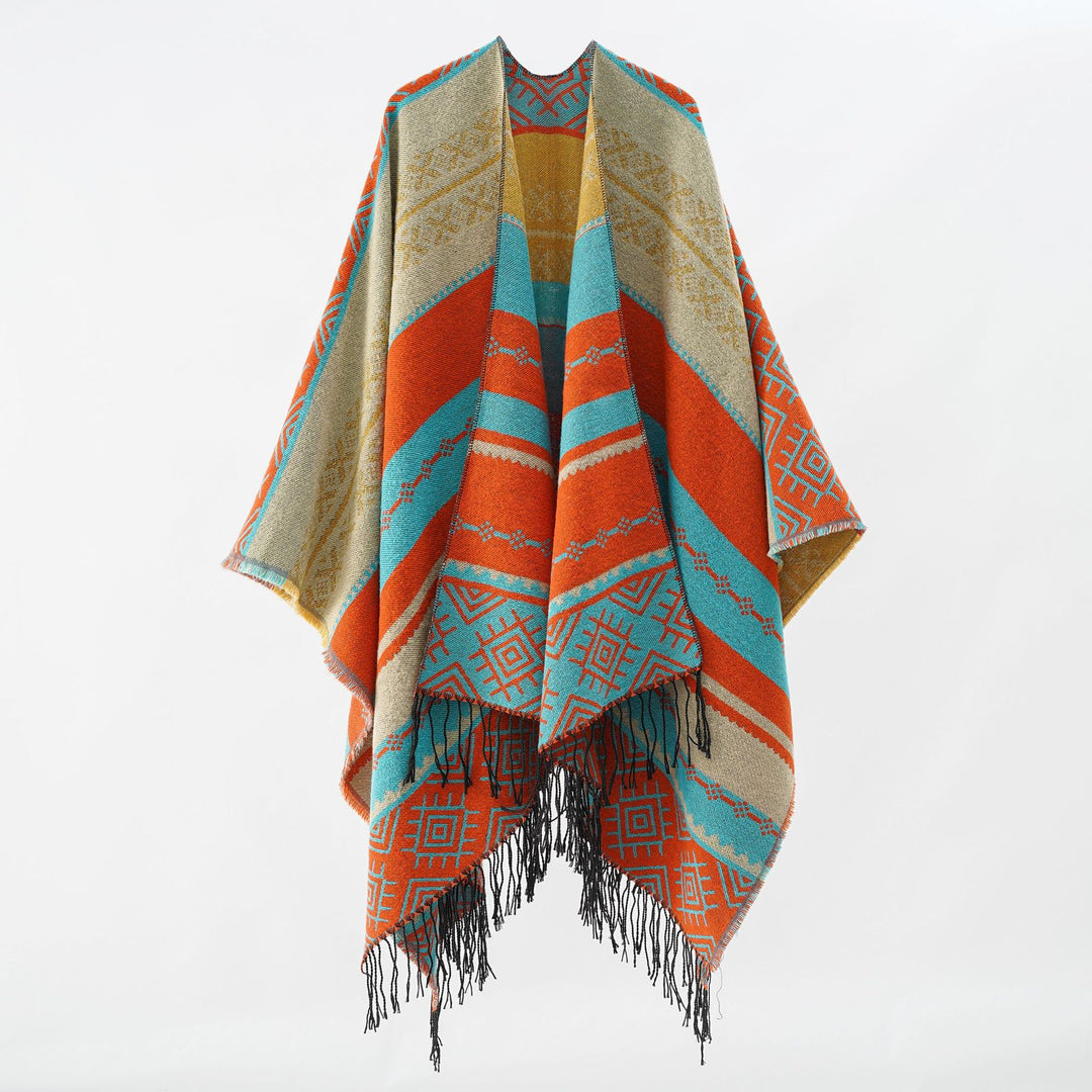 Damen Strukturiertes Webcape im Ethno-Jacquard mit Fransensaum Shop Nory