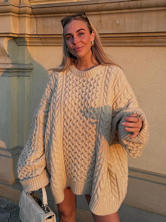 Damen Oversized Grobstrickpullover mit Zopfmuster und weiten Ballonärmeln Shop Nory