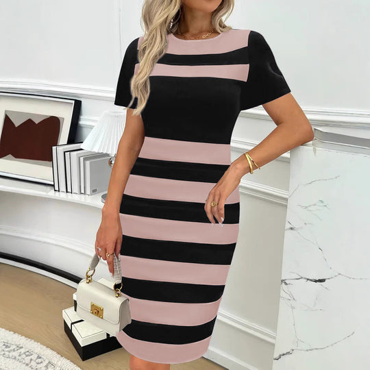 Damen Figurbetontes Streifen-Kleid mit Kurzarm und Rundhalsausschnitt