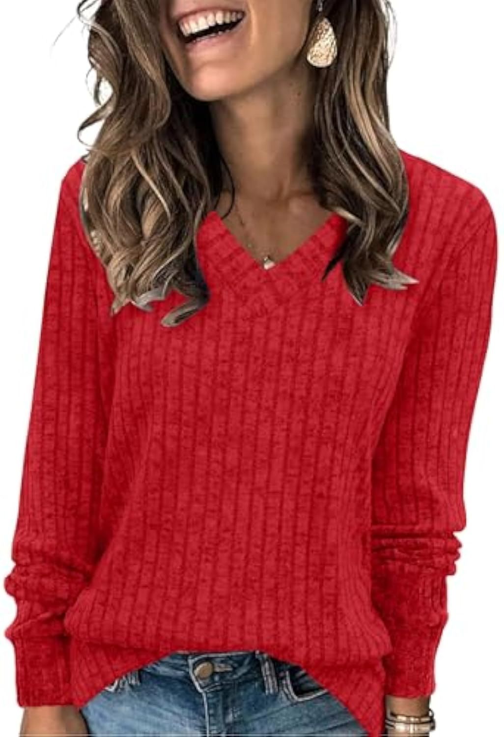 Damen gerippter V‑Ausschnitt Feinstrickpullover mit längerem Arm Shop Nory
