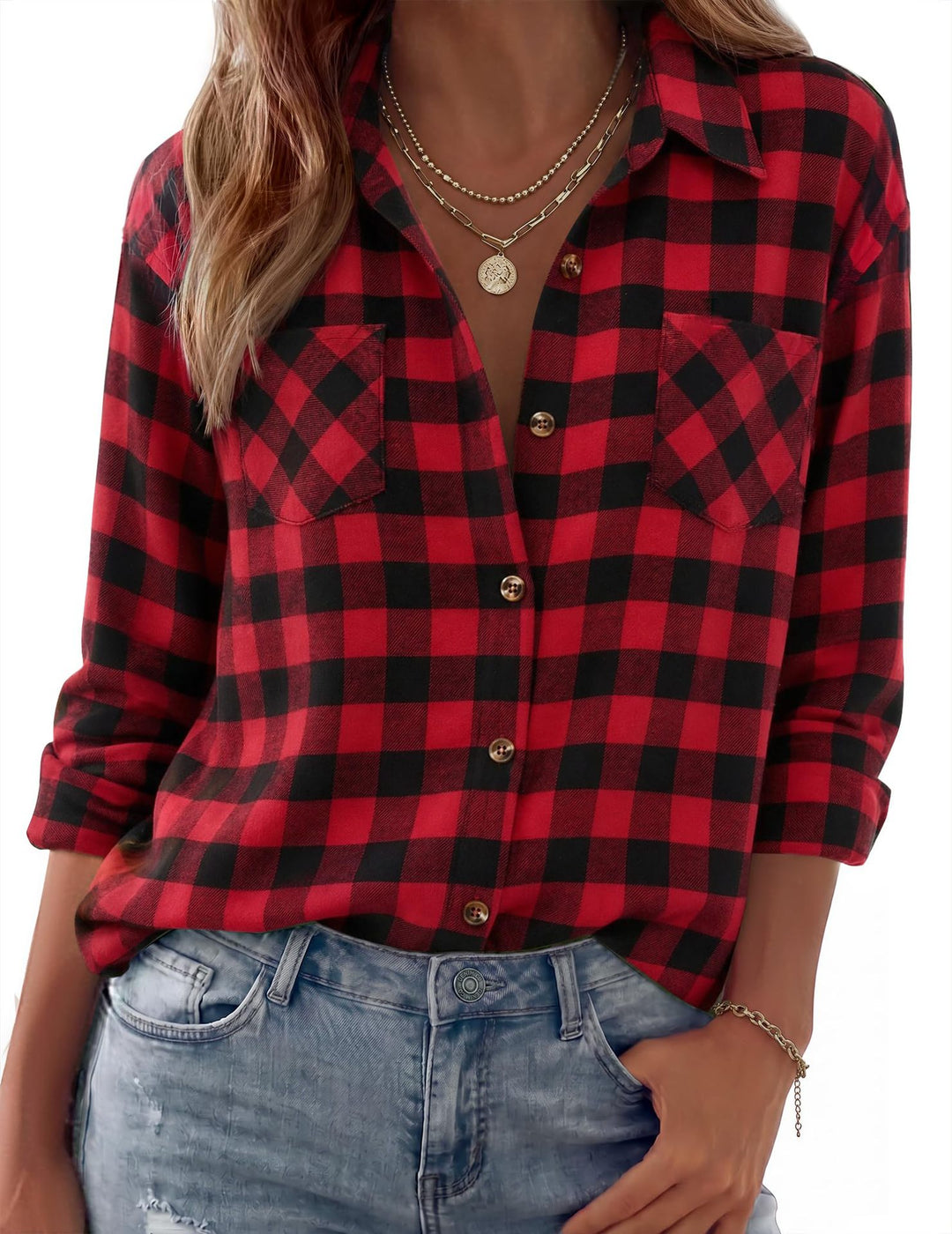 Damen Karierte Oversize-Hemdjacke aus Flanell mit Brusttaschen Shop Nory