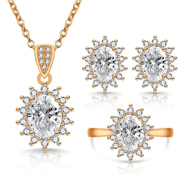 Oval facettiertes Edelstein-Halo-Pendant mit passenden Halo-Ohrringen und verstellbarem Cocktailring-Set
