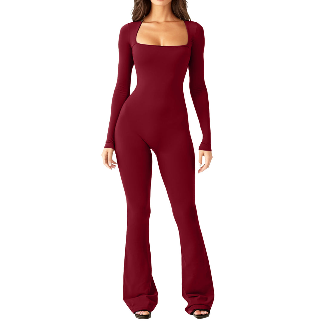 Damen figurbetontes Jumpsuit mit quadratischem Ausschnitt, langen Ärmeln und ausgestellt Bein Shop Nory