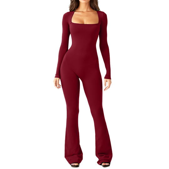Damen figurbetontes Jumpsuit mit quadratischem Ausschnitt, langen Ärmeln und ausgestellt Bein Shop Nory