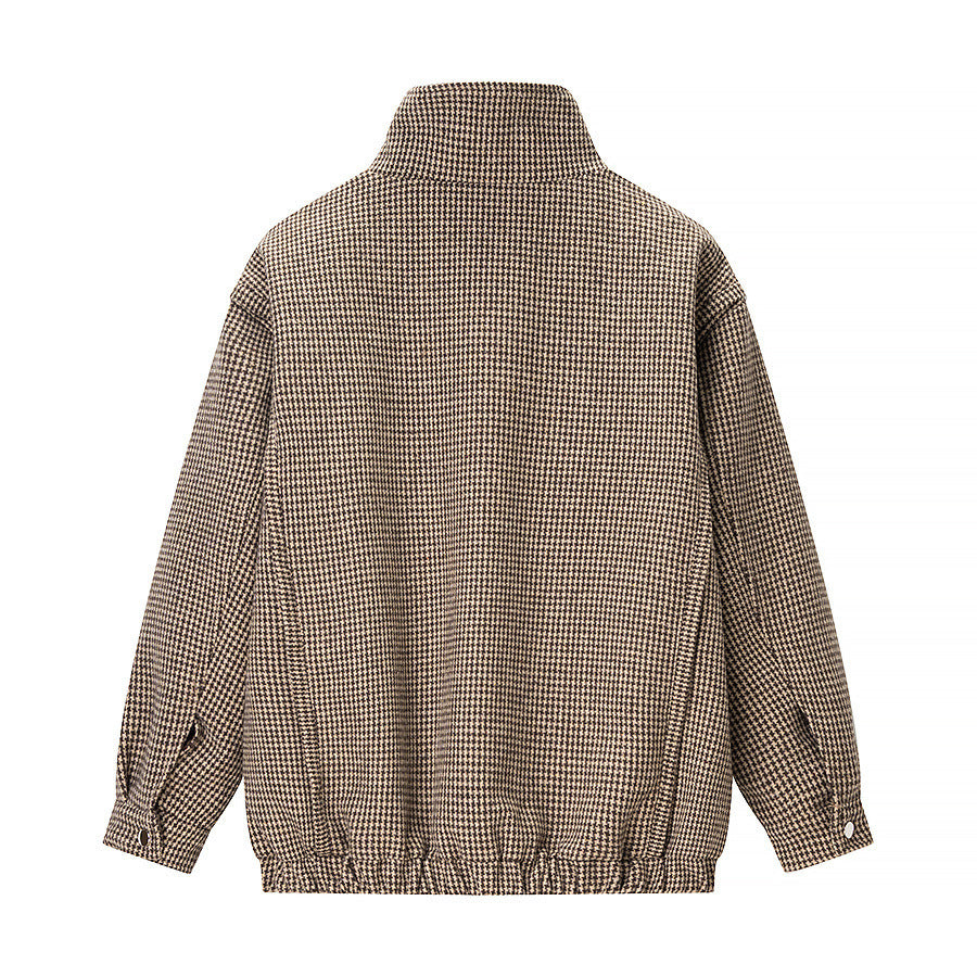 Damen Kurze Oversize-Übergangsjacke im Hahnentritt-Muster mit Stehkragen und elastischem Saum Shop Nory
