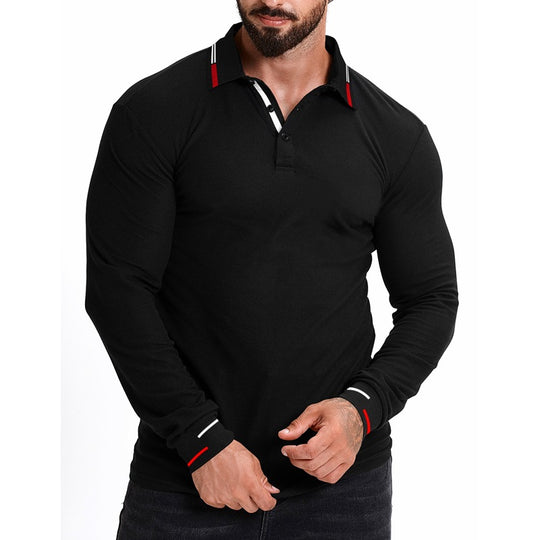 Herren Slim-Fit Langarm-Poloshirt mit Kontraststreifen an Kragen und Bündchen Shop Nory
