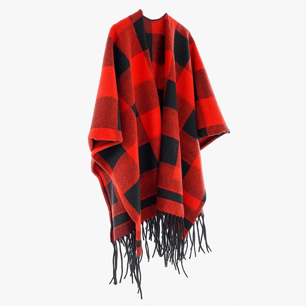 Damen Capeponcho im Plaid-Wickelstil aus Wollmix mit Fransensaum Shop Nory