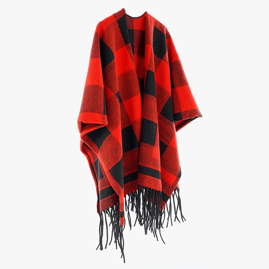 Damen Capeponcho im Plaid-Wickelstil aus Wollmix mit Fransensaum Shop Nory