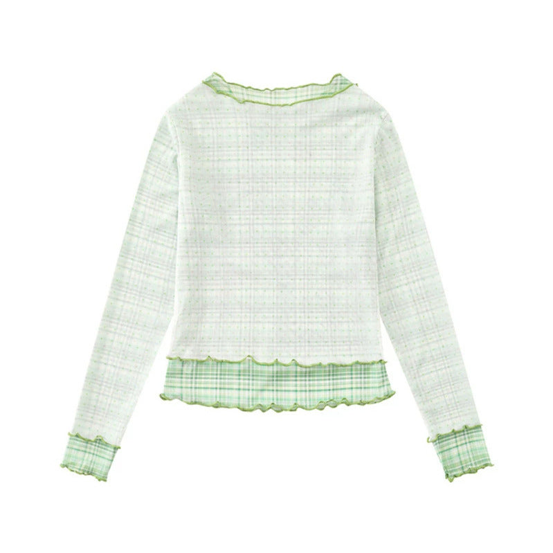 Damen Transparentes Mesh-Langarmshirt mit Manga-Print, Rüschensaum und Karomanschetten Shop Nory