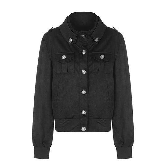 Damen Kurz geschnittene Samtvelours Bomberjacke mit Schmuckknöpfen und Schulterklappen Shop Nory