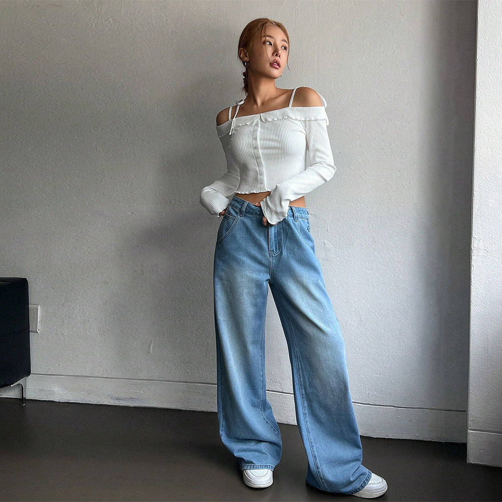 Damen geripptes schulterfreies Langarm-Cropped-Top mit Knopfleiste und Rüschensaum Shop Nory