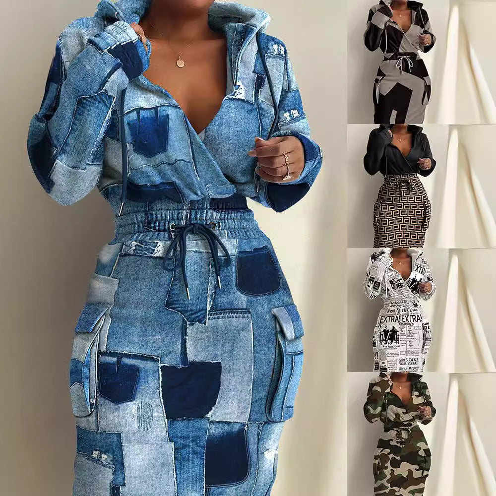 Damen Kapuzen Sweatkleid mit V-Ausschnitt, Kordelzug-Taille und Cargo-Taschen Shop Nory