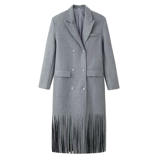 Damen Doppelreihiger Wollmix-Mantel mit Fransensaum und fallendem Revers Shop Nory