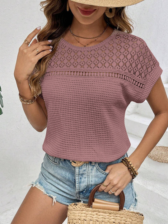 Damen Kurzärmliges Spitzencrochet-Top mit strukturierter Waffelstrick-Front Shop Nory