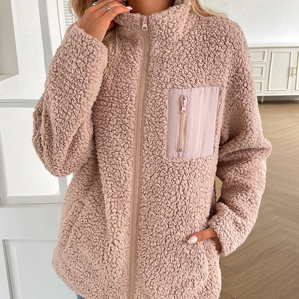 Damen kuschelige Fleecejacke mit hohen Kragen und praktischen Taschen