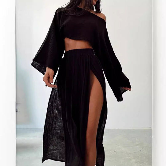 Damen Zweiteiliges Maxikleid mit Off-Shoulder-Design und Schlitz