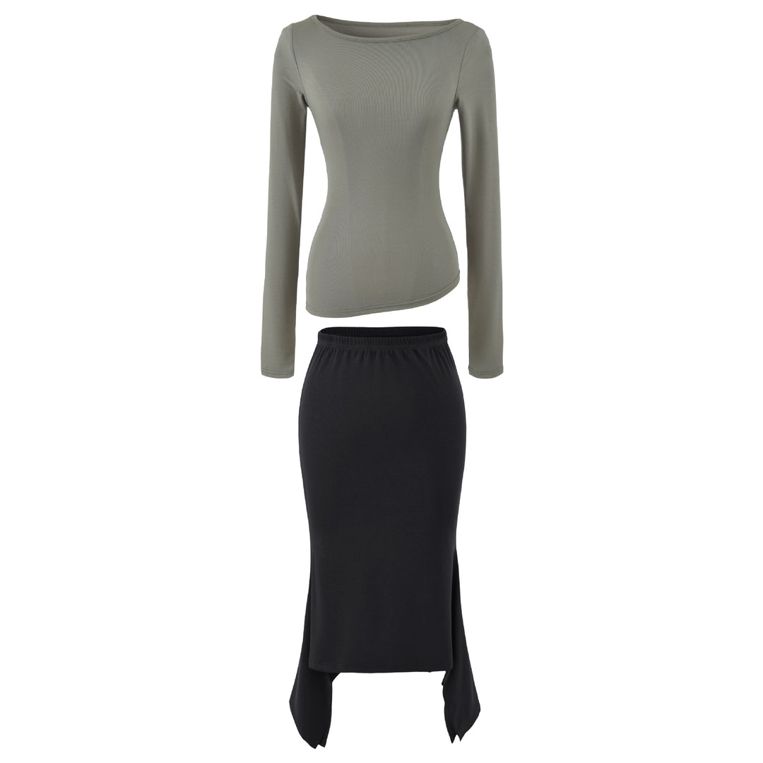 Damen Zweiteiliges Set aus figurbetontem Langarm-Top und Maxirock mit Schlitz Shop Nory