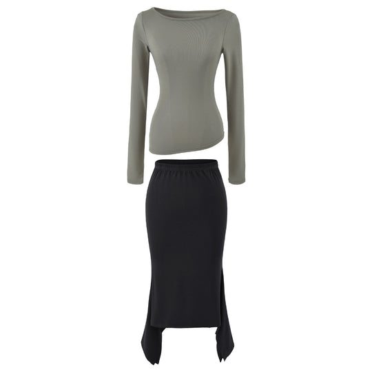 Damen Zweiteiliges Set aus figurbetontem Langarm-Top und Maxirock mit Schlitz Shop Nory