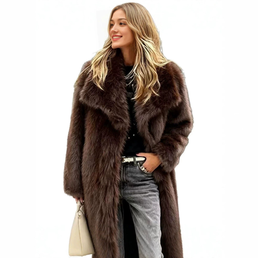 Damen Langer Hochflor‑Kunstpelzmantel mit übergroßem Reverskragen und gerader Silhouette Shop Nory