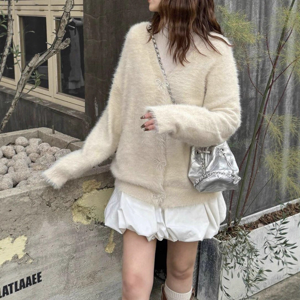 Damen Flauschiger Mohair‑Optik Cardigan mit dekorativen Schleifenverschlüssen Shop Nory