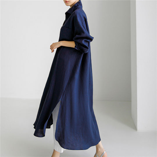 Damen Langes Leinen‑Hemdkleid mit kastiger Oversize‑Silhouette und Seitenschlitzen Shop Nory