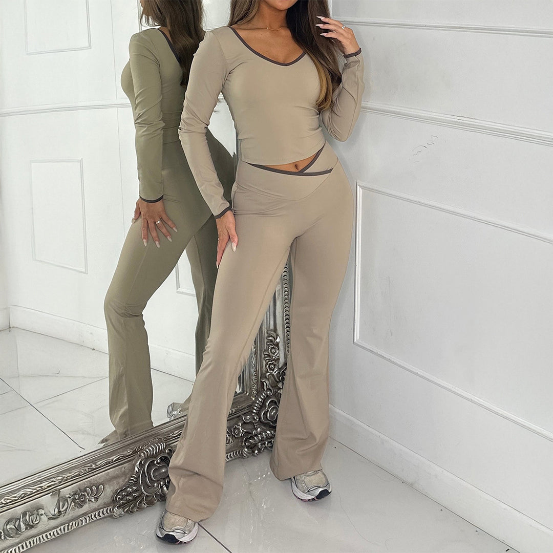 Damen nan figurbetontes Longsleeve-Croptop und ausgestelltes High Waist Schlaghosenset Shop Nory