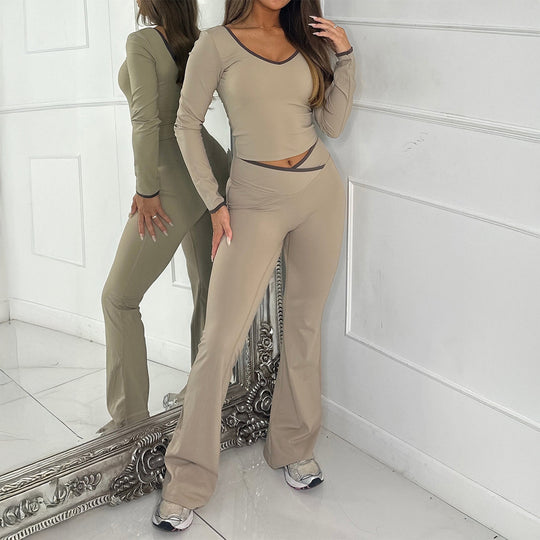 Damen nan figurbetontes Longsleeve-Croptop und ausgestelltes High Waist Schlaghosenset Shop Nory