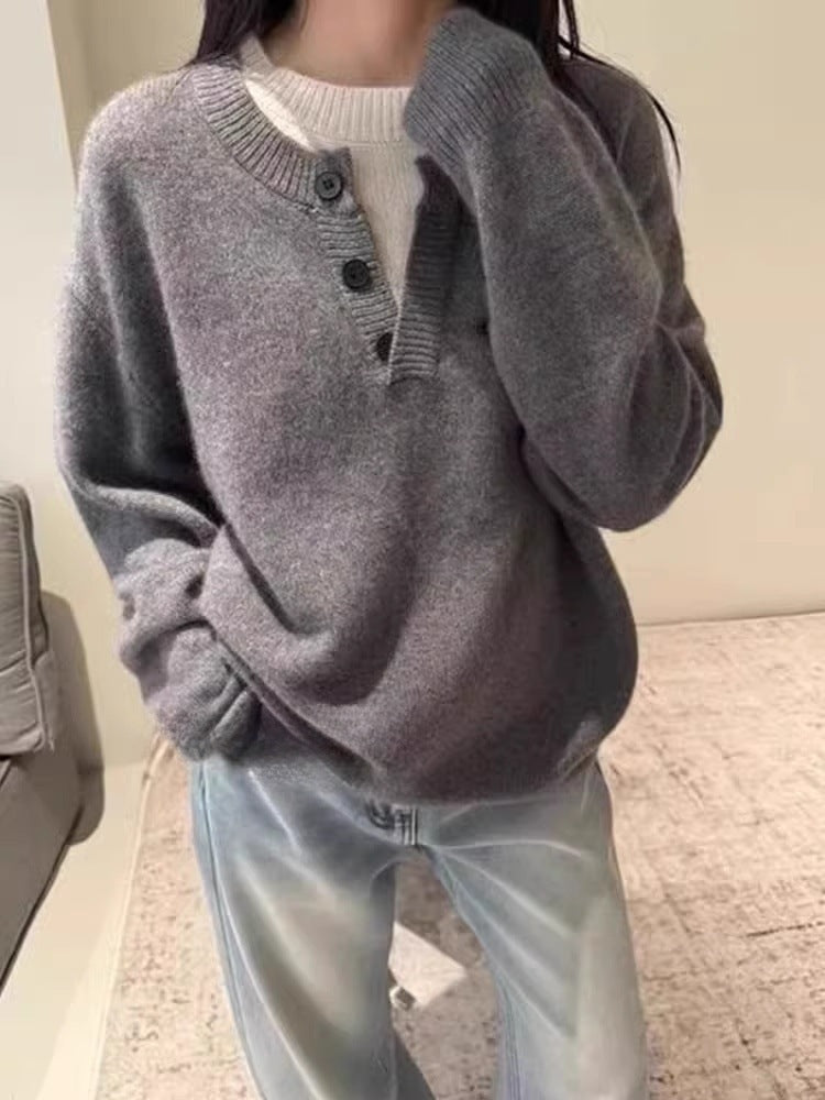 Damen Oversize-Henley-Pullover aus flauschigem Mohair‑Look mit Knopfleiste Shop Nory