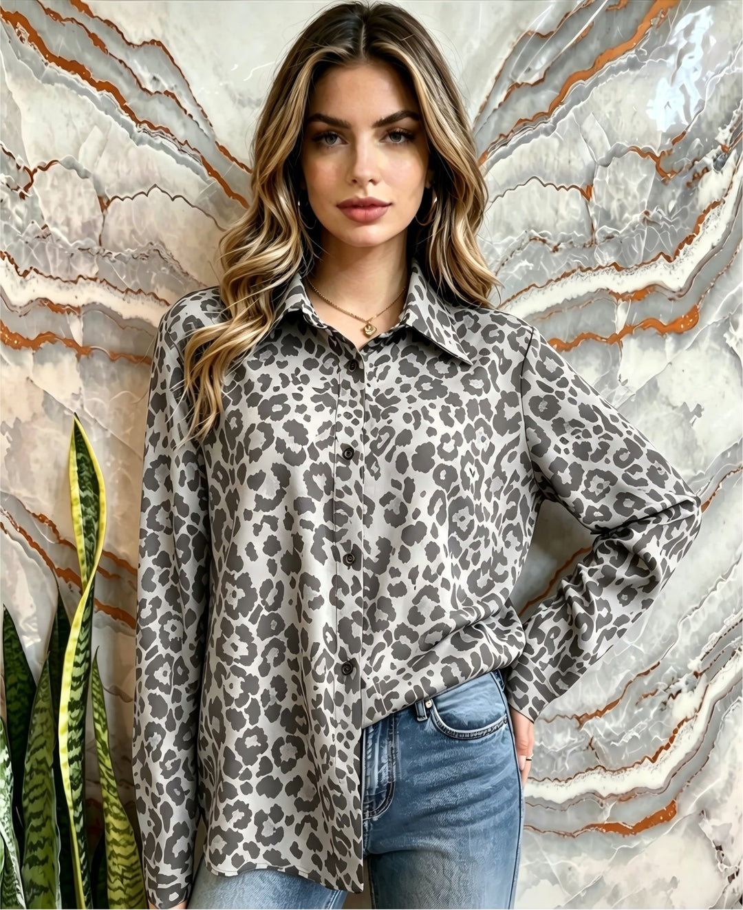 Damen Satin-Leopardenmuster Button-Up Bluse Shop Nory