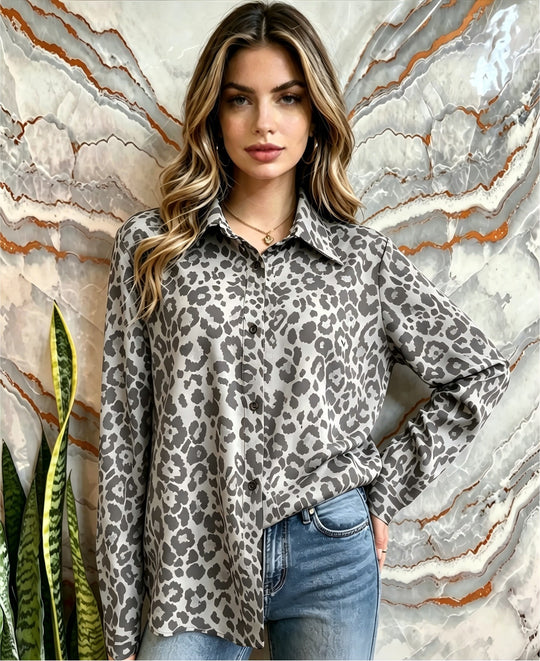 Damen Satin-Leopardenmuster Button-Up Bluse Shop Nory